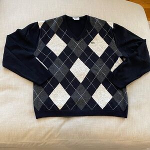 EUC Lacoste Men's Black and Gray Argyle V-Neck Devanlay Wool Sweater